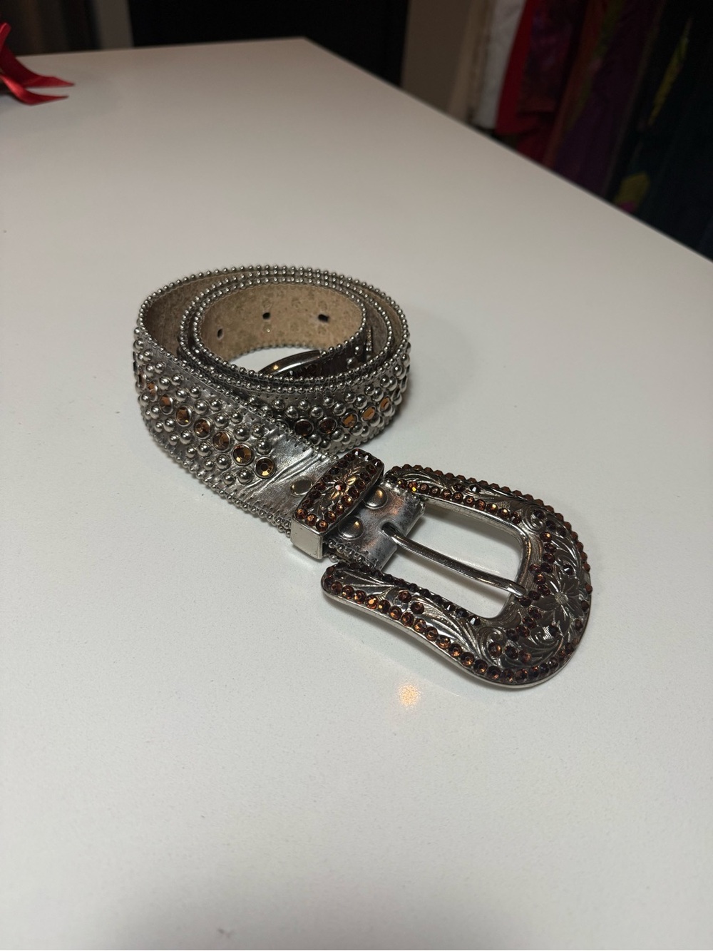 B.B. Simon Silver Belt with Amber Rhinestone Accents